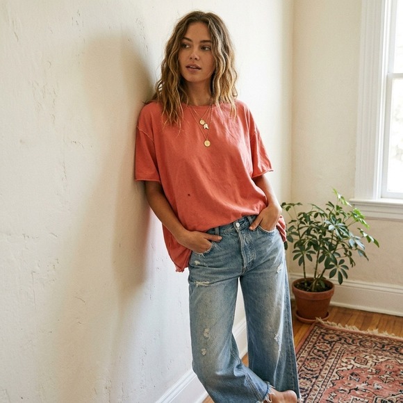 Free People Tops - Free People We The Free Womens Top Large Coral Red Raw Hem Oversized Tee Boho